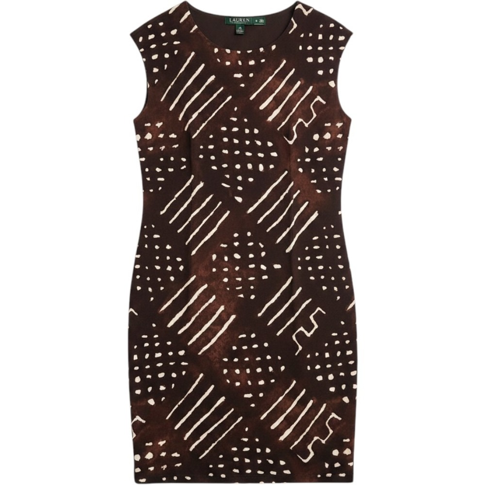 Lauren Ralph Lauren Sheath Midi Dress PM Petite Brown Abstract Batik Print NEW